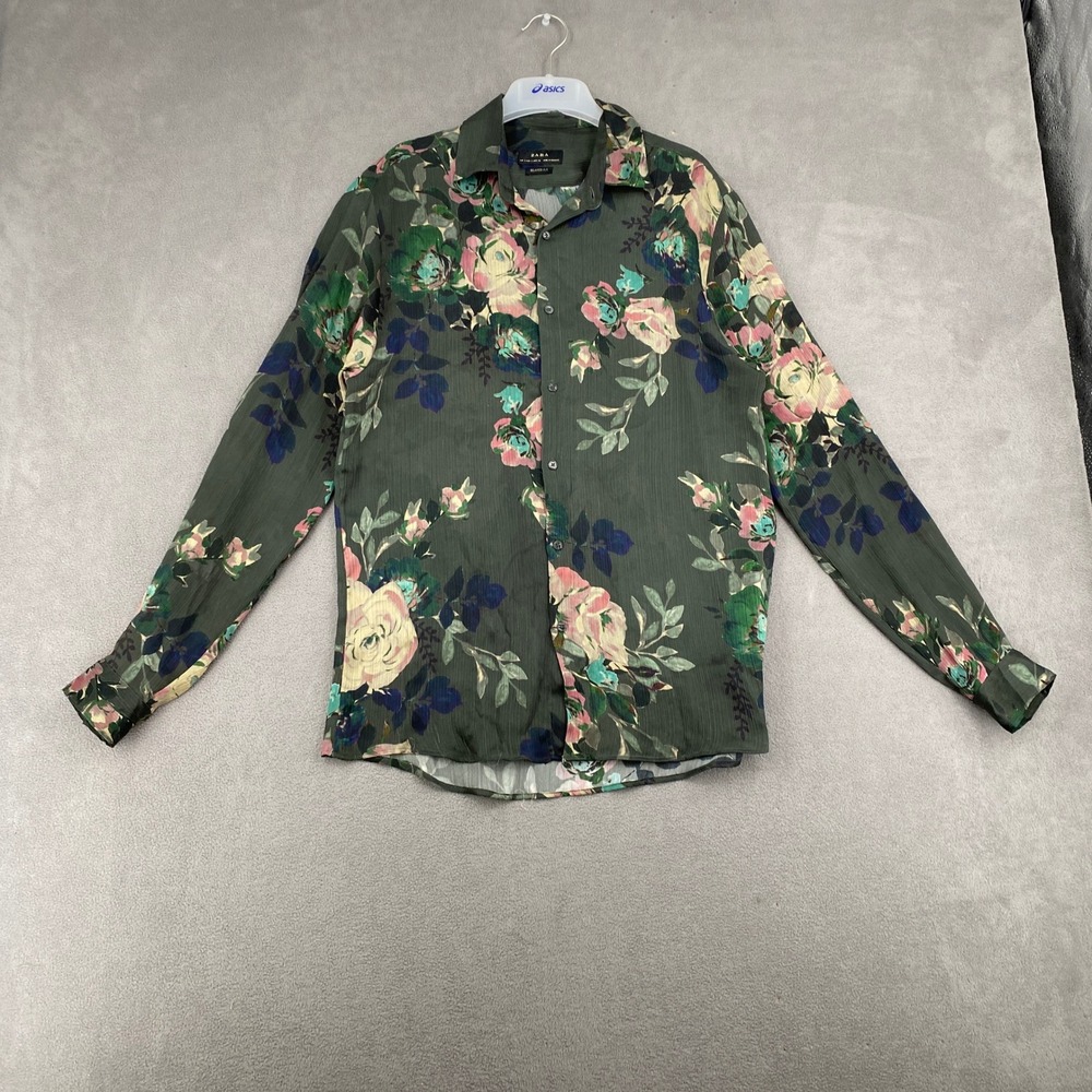 Zara Mens Relaxed Fit Floral Button Down Shirt Green Long Sleeve Small